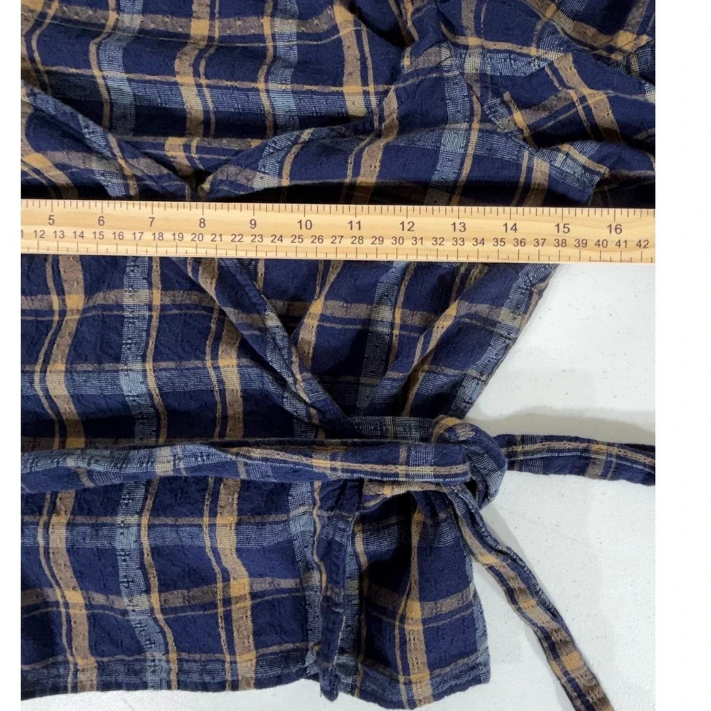 Madewell Sweetheart Wrap Top XS Blue Plaid Puff Sleeve‎ Cotton Dobby Textured